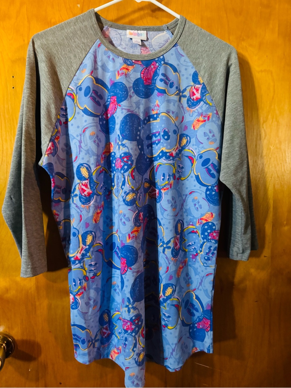 LuLaRoe Blue & Gray Raglan Tee with Playful Character Print